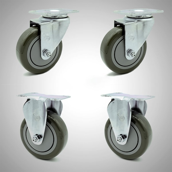 4 Inch SS Gray Polyurethane Swivel Top Plate Caster Set with 2 Rigid SCC